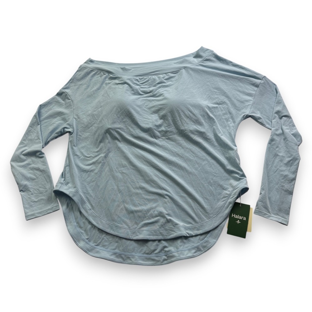 Halara Women Long Sleeve Boat Neck Active Top Built-in Bra Light Blue Medium NEW